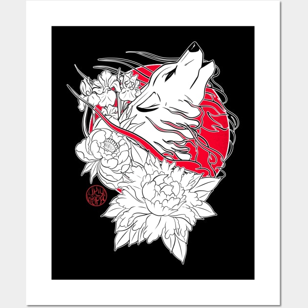 Japanese wolf, iris and peony Wall Art by Ukiyograph